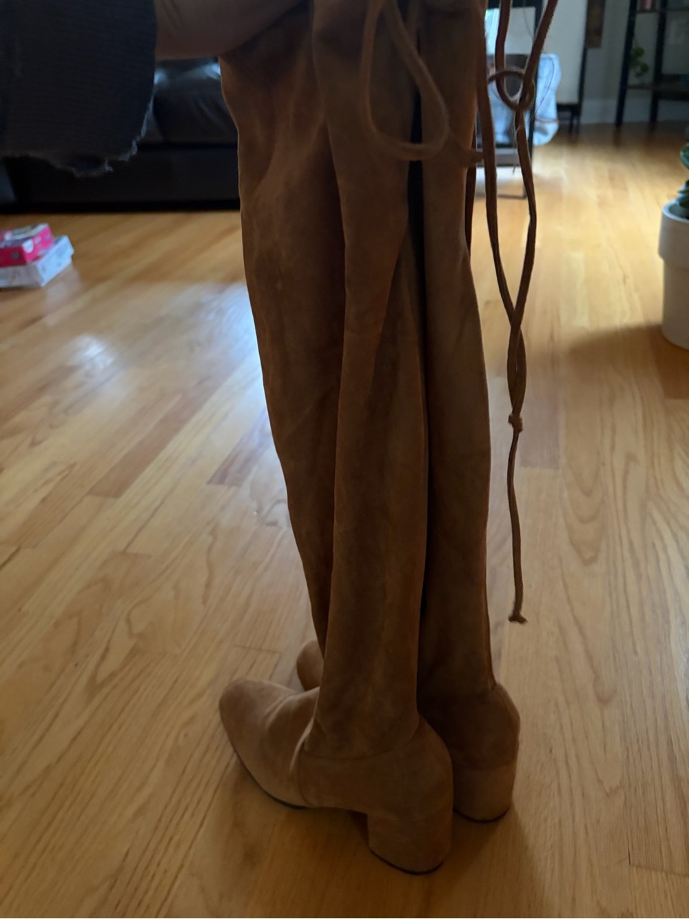 Over-The-Knee Suede Lace-Back Boots in Brown